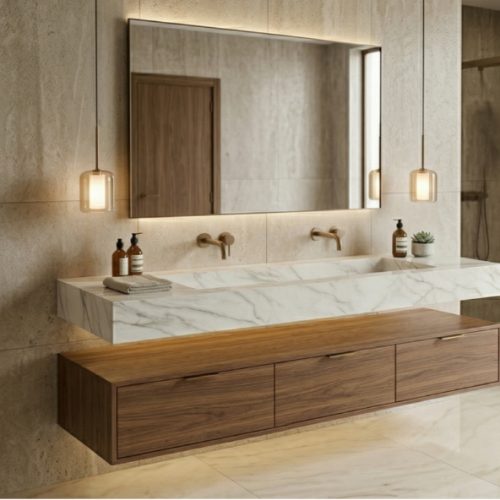 Plan vasque suspendu UNOVA 140 cm EFFET MARBRE BLANC finition BRILLANT