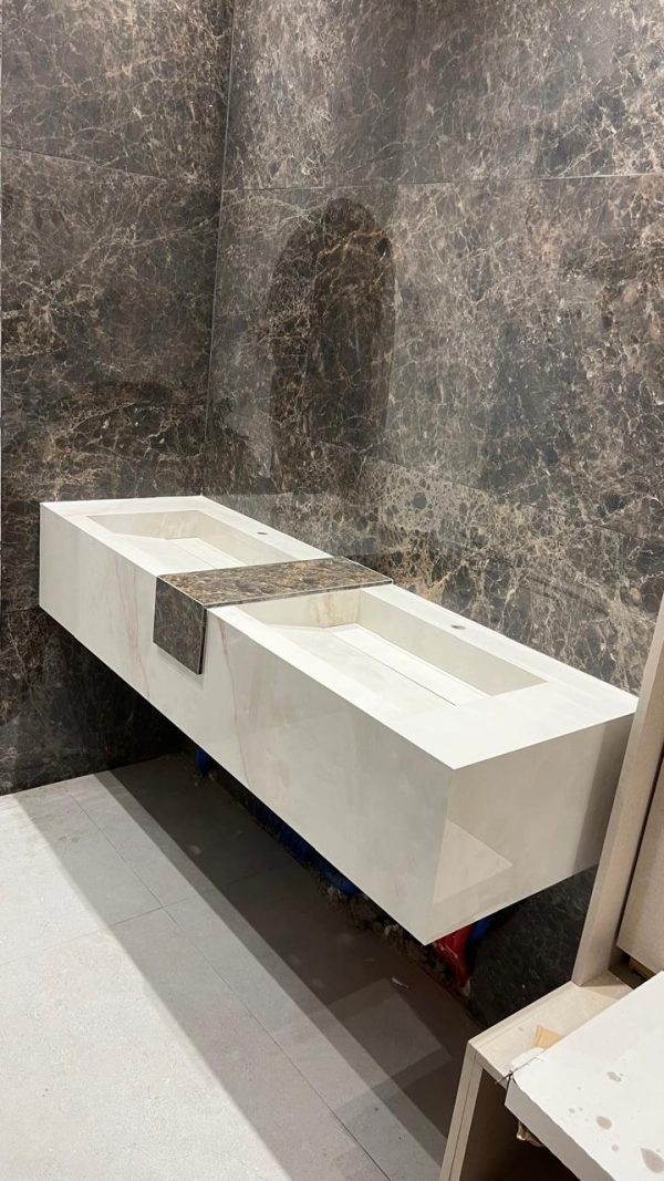 "VASQUE DUOVA 140 cm Effet Marbre beige clair & effet marbre marron finition Brillant Double LAVABO "