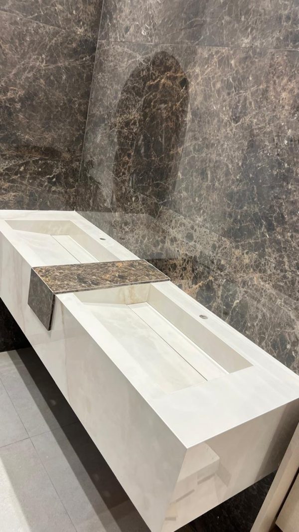 "VASQUE DUOVA 140 cm Effet Marbre beige clair & effet marbre marron finition Brillant Double LAVABO "