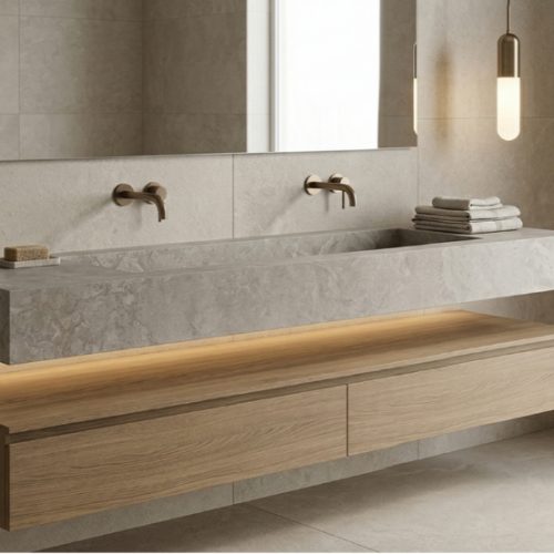 Plan vasque suspendu UNOVA 140 cm Effet EFFET BETON CLAIR finition mat