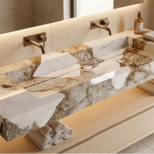 Plan vasque suspendu UNOVA 140 cm EEFFET MARBRE BLANC MARRON finition BRILLANT