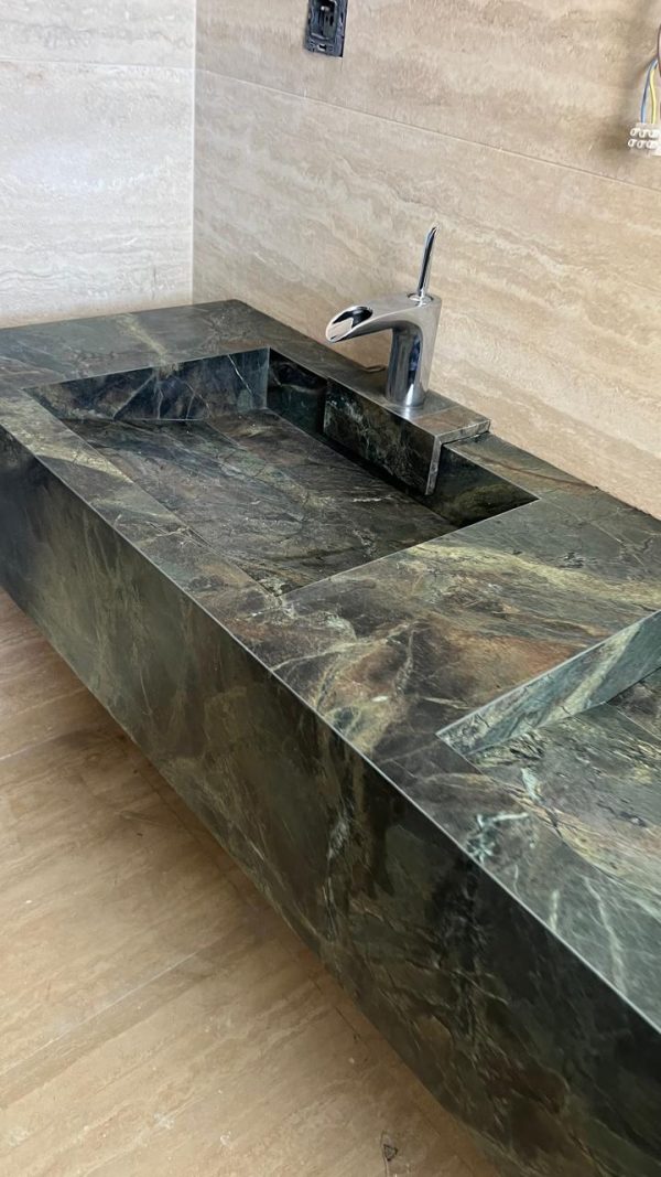 "VASQUE DUOVA 140 cm sur mesure Effet Pierres belu vert finition MAT Double LAVABO "