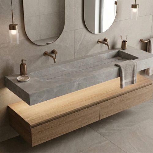 Plan vasque suspendu UNOVA 140 cm EFFET MARBRE GRIS CLAIR finition MAT