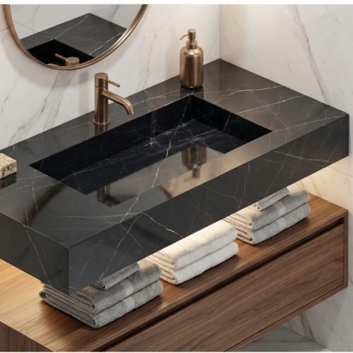 Plan vasque suspendu UNOVA 80 cm EFFET MARBRE NOIR FONCÉ finition BRILLANT