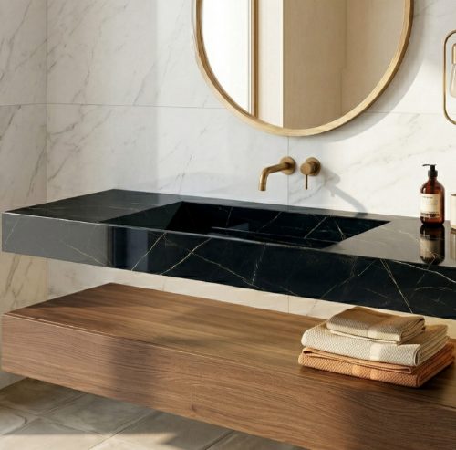 Plan vasque suspendu UNOVA 100 cm EFFET MARBRE NOIR FONCÉ finition BRILLANT