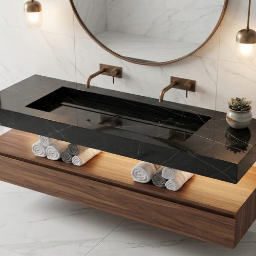 Plan vasque suspendu UNOVA 140 cm EFFET MARBRE NOIR FONCÉ finition BRILLANT