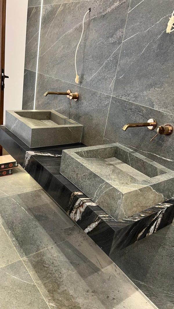 "VASQUE DUOVA 160 cm sur mesure Effet Pierres marron & effet marbre noir finition MAT Double LAVABO "