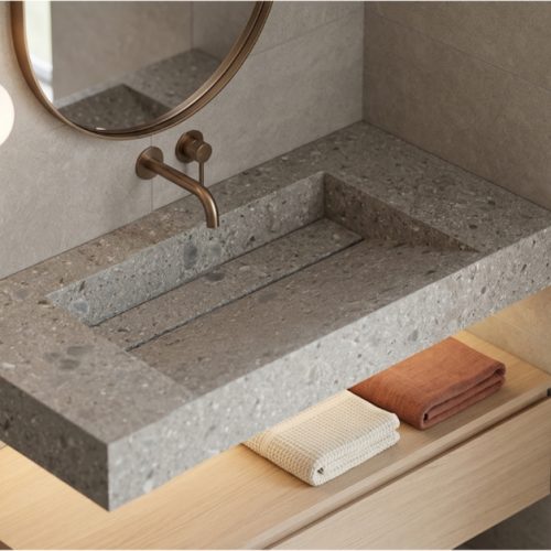 Plan vasque suspendu UNOVA 90 cm Grès cérame EFFET PIERRES FOSSILES CLAIR Mate