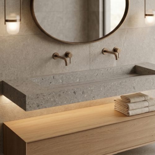 Plan vasque suspendu UNOVA 140 cm Grès cérame EFFET PIERRES FOSSILES CLAIR Mate