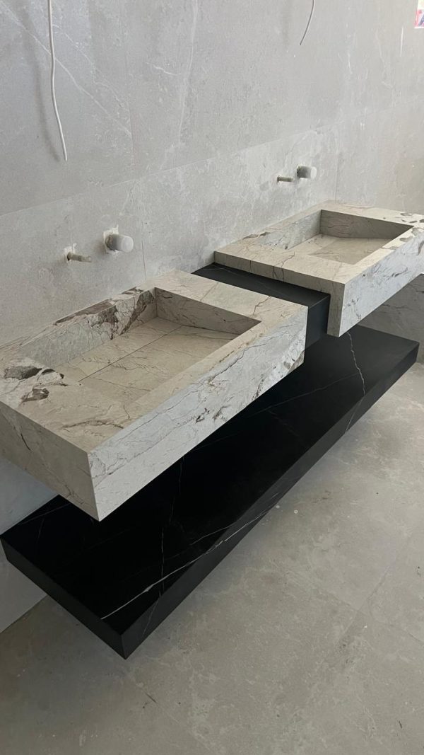"VASQUE DUOVA 160 cm sur mesure Effet Marbre Beige clair & effet marbre noir finition MAT Double LAVABO "