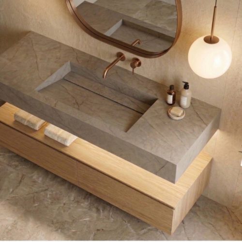Plan vasque suspendu UNOVA 100 cm Grès cérame EFFET PIERRES FOSSILES CLAIR Brillant
