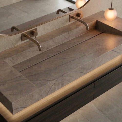 Plan vasque suspendu UNOVA 140 cm Grès cérame EFFET PIERRES FOSSILES CLAIR Brillant
