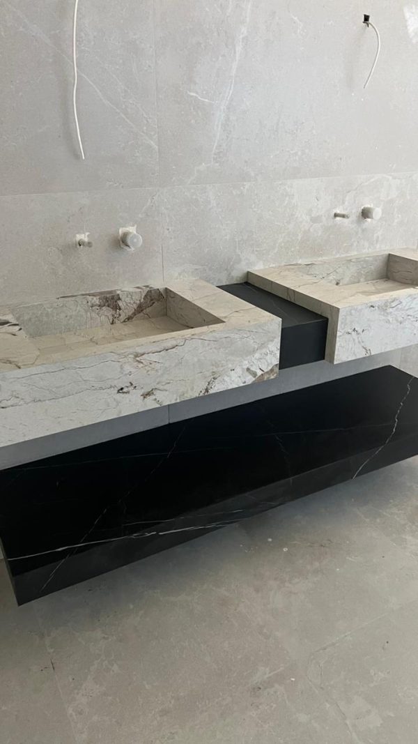 "VASQUE DUOVA 160 cm sur mesure Effet Marbre Beige clair & effet marbre noir finition MAT Double LAVABO "