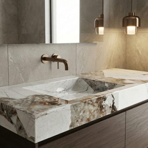 Plan vasque PLANCIA premium en Grès cérame  MARBRE BLANC MARRON BRILLANT  120 cm