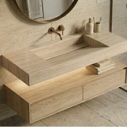 Plan vasque suspendu UNOVA 100 cm Grès cérame EFFET TRAVERTIN finition Mat