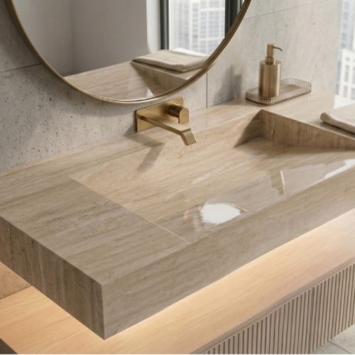 Plan vasque suspendu UNOVA 90 cm Grès cérame EFFET TRAVERTIN finition BRILLANT