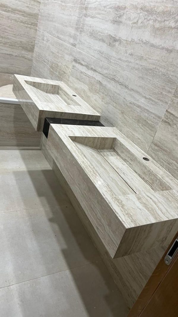 "VASQUE DUOVA 180 cm sur mesure Effet Marbre Travertin clair & effet marbre Marron finition MAT Double LAVABO "
