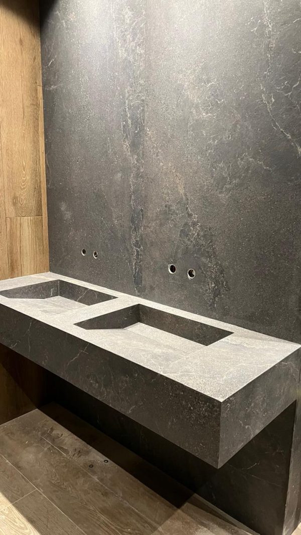 "VASQUE DUOVA 140 cm Effet Pierres marron finition MAT Double LAVABO "