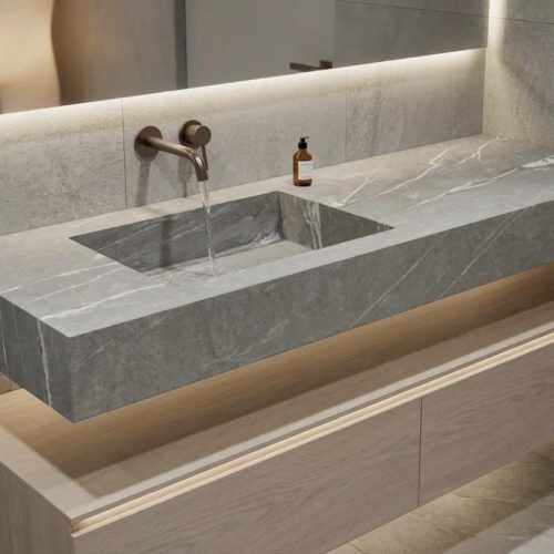 Plan vasque PLANCIA premium en Grès cérame EFFET MARBRE GRIS CLAIR Mat   70 cm
